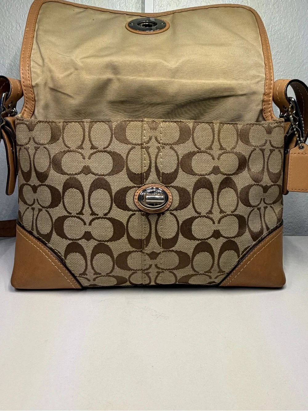 Y2K COACH Signature Jacquard Shoulder/ Crossbody Bag with Khaki/Caramel Trim